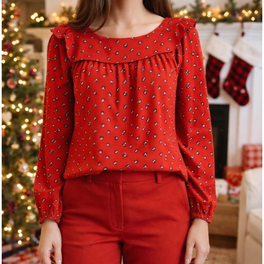 LOFT Red Patterned Long Sleeve Blouse Size M Boho Chic Top